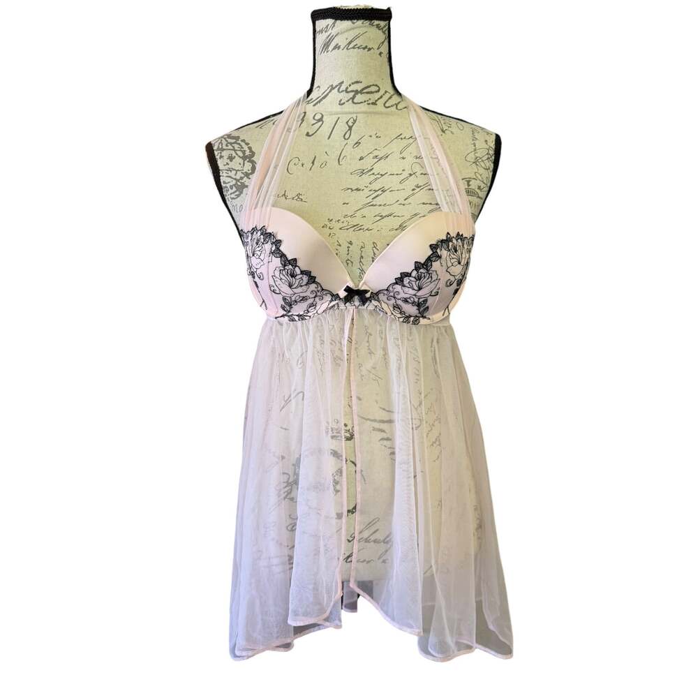 Victoria's Secret 2013 Pink Halter Mesh Babydoll Lingerie Pajama Size 36B